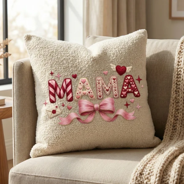 Cozy textured sherpa throw pillow featuring the Mama latch hook yarn design, sitting on a neutral beige armchair.