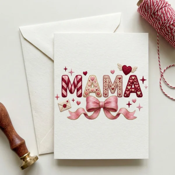 Printable 5x7 Mama greeting card featuring a 3D faux stitched design and pink bow, placed next to a textured envelope and wax seal.