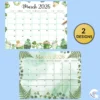 Comparison of two March 2026 calendar designs. Top: St. Patrick's Day donuts theme. Bottom: Elegant watercolor green leaves and ferns theme. Gold badge saying 2 Designs