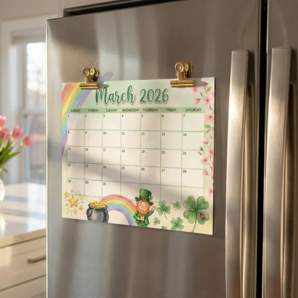 March 2026 monthly calendar hanging on a stainless steel refrigerator door with gold clips for kids school schedule.