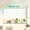 Flat lay view of March 2026 printable calendar featuring high-resolution watercolor leprechaun, pot of gold, and rainbow art.