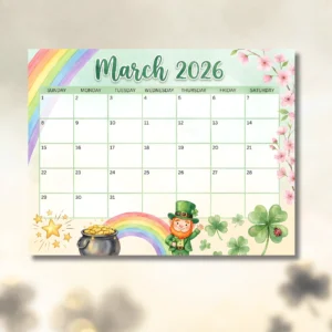 Flat lay view of March 2026 printable calendar featuring high-resolution watercolor leprechaun, pot of gold, and rainbow art.