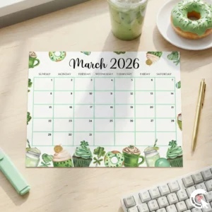 March 2026 printable calendar landscape on a light wood desk, next to a matcha latte and green donut. Aesthetic workspace setup with gold pen and pastel highlighter.