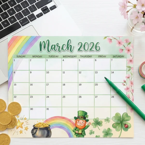 March 2026 calendar printable on a white desk next to a laptop, green pen, and gold coins for student or office organization.