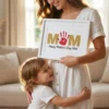 Emotional mother smiling and holding a framed gold glitter MOM handprint art sign while hugging her toddler daughter.