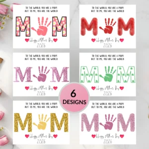 Grid overview of 6 printable Mother's Day 2026 handprint art designs including floral, red fur, green clover, pink, rose gold and gold glitter styles.