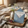 A cozy Mother's Day breakfast in bed tray with a latte, berries, and the printed elephant greeting card partially inside a dusty blue envelope.