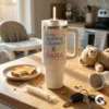 40oz insulated tumbler with String Cheese Mama Era design on a messy kitchen counter with toast, keys, and toddler snacks.