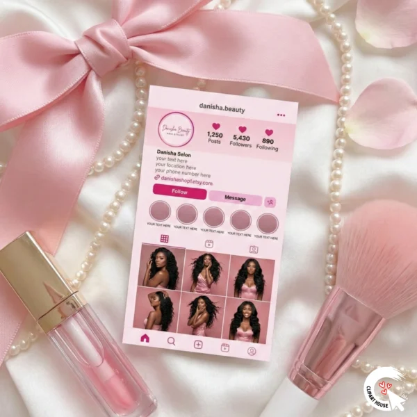 Coquette aesthetic flat lay with pink business card, satin bow, pearl necklace, lip gloss, and makeup brush for beauty influencers.