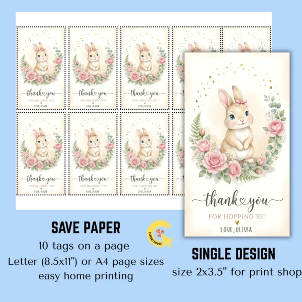 Print layout showing 10 coquette bunny favor tags arranged on a single 8.5 by 11 inch US Letter paper with cut lines.