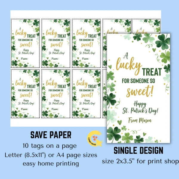 Printable PDF sheet showing 10 St Patricks Day gift tags per page. Save paper layout for easy home printing and cutting.