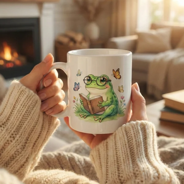 Cozy lifestyle mockup of a person in a knit sweater holding a white ceramic coffee mug printed with a cute watercolor frog reading a book.