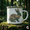 White enamel camping mug with a camo bunny print sitting on a mossy tree stump.