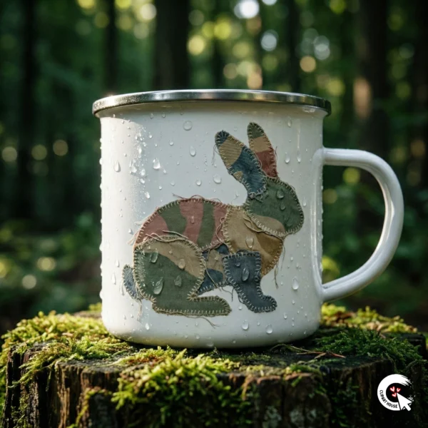 White enamel camping mug with a camo bunny print sitting on a mossy tree stump.