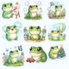 Seasonal cute frog PNG illustrations featuring a Christmas tree frog, fishing frog, and hot air balloon frog for commercial sublimation designs.