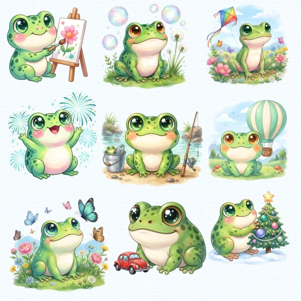 Seasonal cute frog PNG illustrations featuring a Christmas tree frog, fishing frog, and hot air balloon frog for commercial sublimation designs.