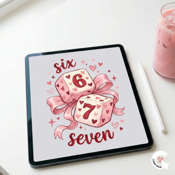 An iPad Pro lying on a white desk displaying the Six Seven dice and bow digital art, next to an Apple Pencil and pink iced coffee.