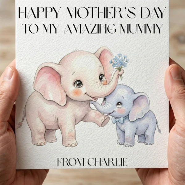 Close up of two hands holding a freshly printed square Mother's Day card, showing the crisp watercolor elephant illustration on textured cardstock.
