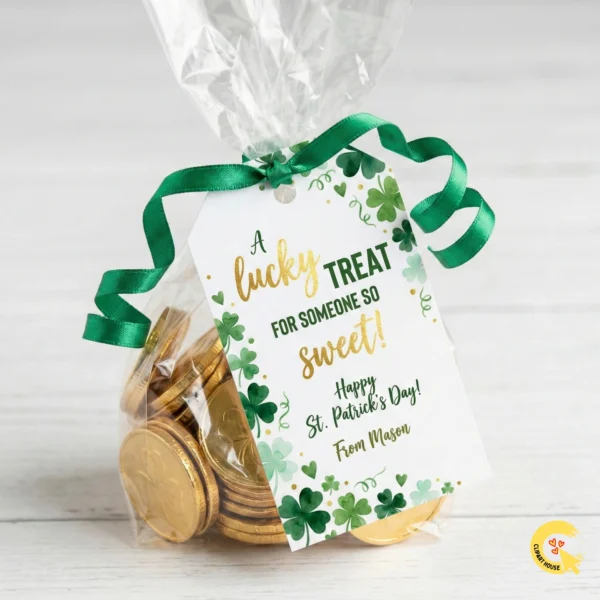St Patricks Day gift tag tied to cello bag of gold chocolate coins with green ribbon. Editable Lucky Treat favor tag for classroom parties.