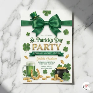 St. Patrick's Day party invitation template featuring a 3D green bow, gold coins, and beer mug illustration on a white background.