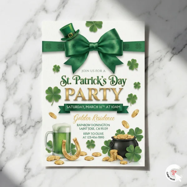 St. Patrick's Day party invitation template featuring a 3D green bow, gold coins, and beer mug illustration on a white background.