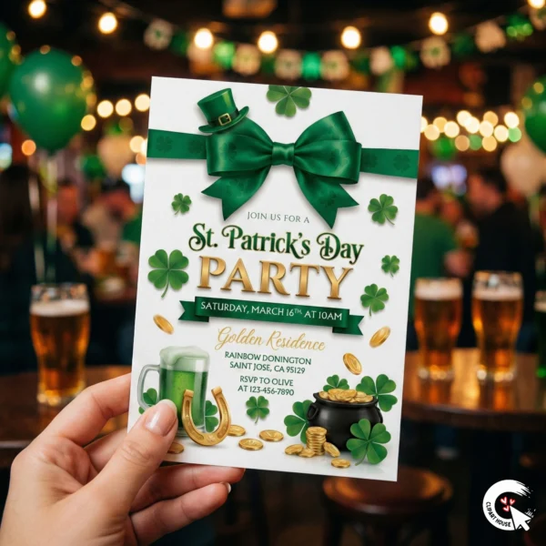 Hand holding a printed St. Patrick's Day invitation in a blurry pub background with green balloons and beer glasses.