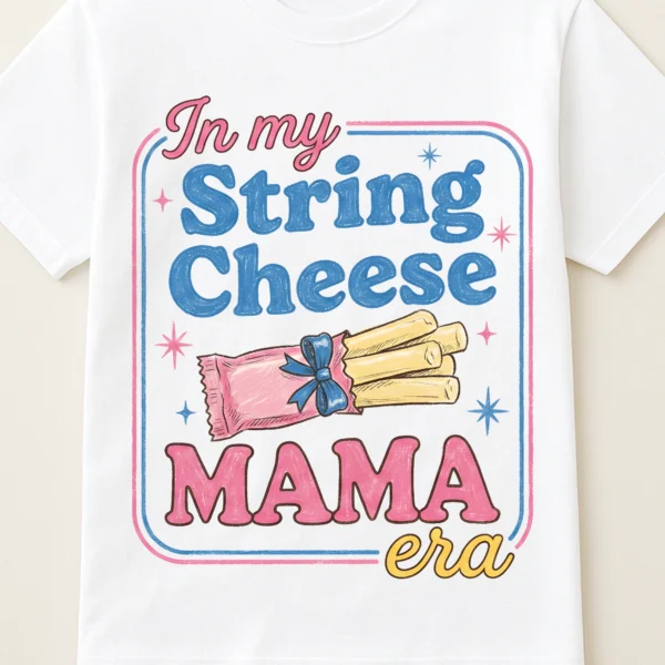 Flat lay mockup of a blank white t-shirt featuring the retro String Cheese Mama Era graphic design.