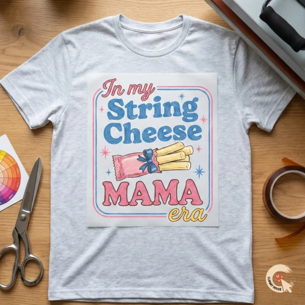 Printed sublimation transfer paper with String Cheese Mama Era design resting on an ash grey t-shirt next to crafting scissors and heat tape.