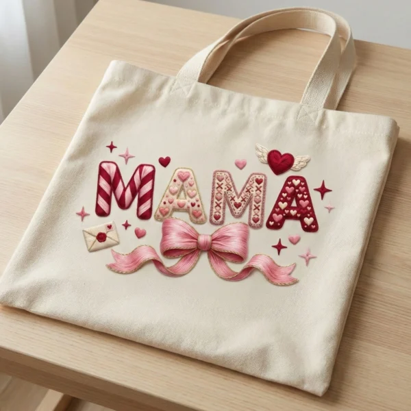 Natural heavy canvas tote bag printed with the 3D textured Mama pink bow design, lying flat on a wooden desk.