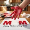 Close-up of a child's hand covered in wet red paint hovering over a red fur texture MOM printable for Mother's Day 2026.