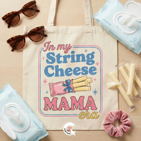 Canvas tote bag mockup with String Cheese Mama Era design surrounded by mom survival items like baby wipes, sunglasses, and string cheese.
