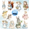 Watercolor farm animal clipart set featuring rabbits in jackets, squirrel in apron, sheep, and hedgehog in vintage Beatrix Potter style.