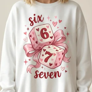 A blonde model wearing a white crewneck sweatshirt featuring the viral Six Seven 67 dice design with pink coquette bows and hearts.