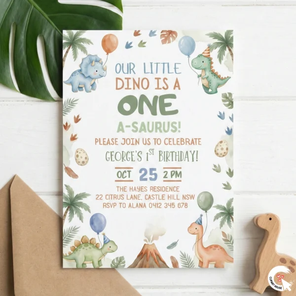 Flat lay of watercolor One-a-Saurus 1st birthday invitation with wooden dino toy and kraft envelope on white wood table.