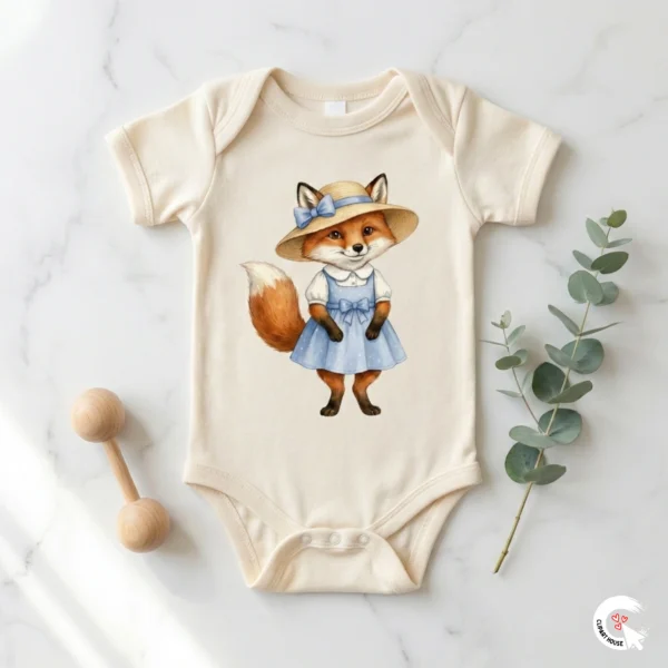 Baby onesie mockup featuring cute watercolor fox in blue dress clipart, nursery fashion sublimation idea.