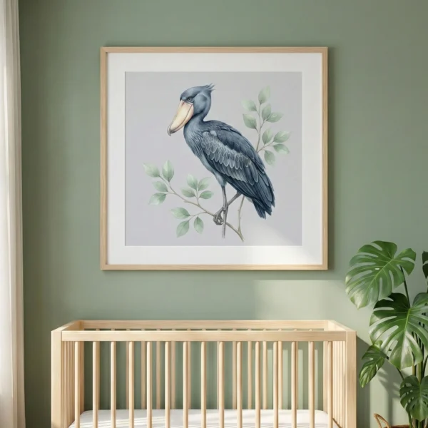 Framed watercolor shoebill clipart showing a bird on a leafy branch, hung in a modern baby nursery with a sage green wall and wooden crib.