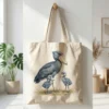 A canvas tote bag hanging on a white wall featuring a watercolor illustration of a mother shoebill stork and two baby chicks.