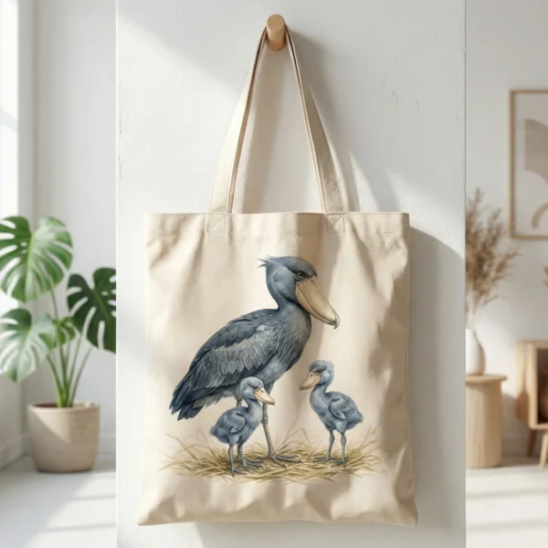 A canvas tote bag hanging on a white wall featuring a watercolor illustration of a mother shoebill stork and two baby chicks.