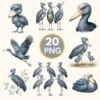 A collage of 20 high-resolution watercolor shoebill clipart images including flying storks, chicks, and portraits with a text badge saying 20 PNG.