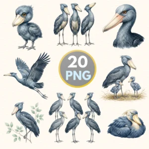 A collage of 20 high-resolution watercolor shoebill clipart images including flying storks, chicks, and portraits with a text badge saying 20 PNG.