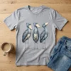 Three watercolor shoebill storks printed on a grey t-shirt mockup, demonstrating commercial use of watercolor shoebill clipart.