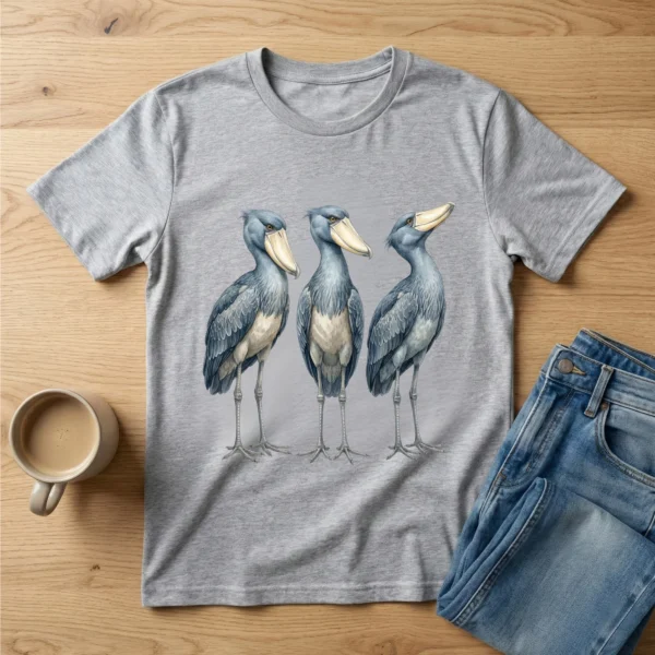 Three watercolor shoebill storks printed on a grey t-shirt mockup, demonstrating commercial use of watercolor shoebill clipart.