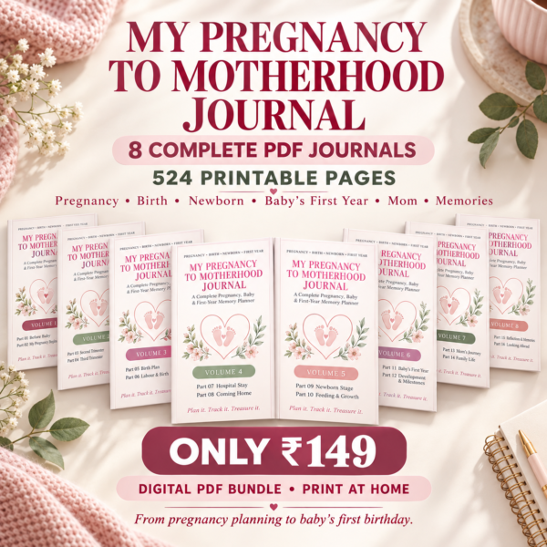 My Pregnancy to Motherhood Journal digital PDF bundle with 8 pregnancy journals and 524 printable pages