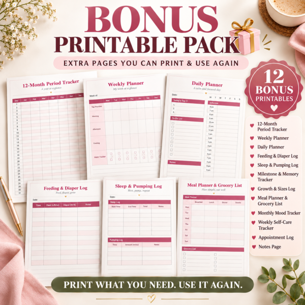 bonus printable pack with 12 pregnancy and motherhood planner pages including weekly, daily, feeding, sleep and meal trackers