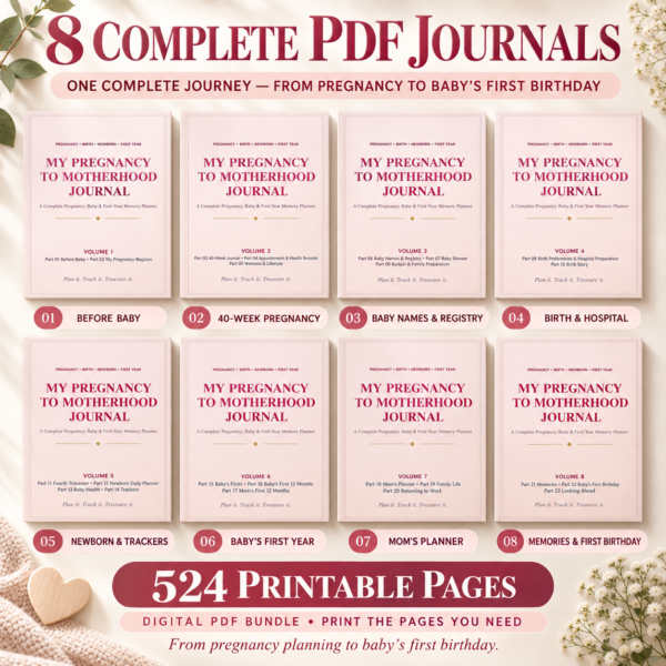 8 complete pregnancy journal PDF volumes covering pregnancy, birth, newborn, baby's first year and motherhood