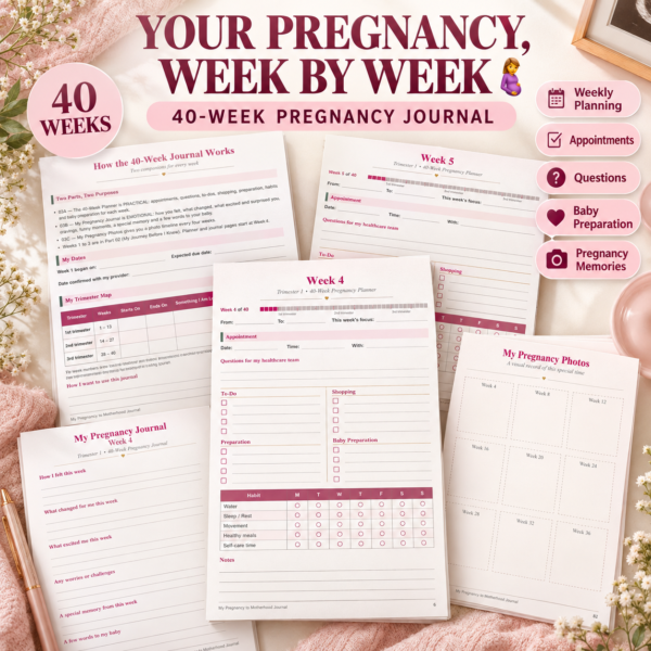 40-week pregnancy journal printable with weekly planning, appointments, baby preparation and pregnancy memories