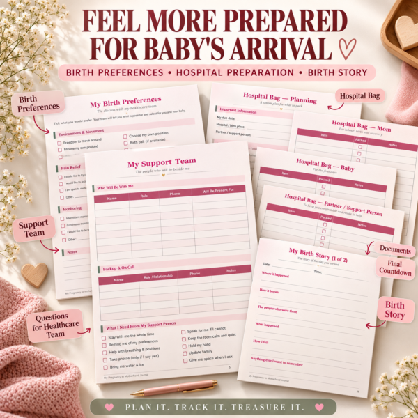 birth preferences and hospital bag planner pages from a pregnancy to motherhood journal