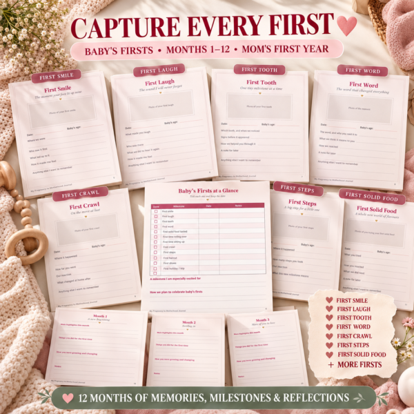 baby first year journal printable with first smile, first laugh, first tooth, first word and milestone pages