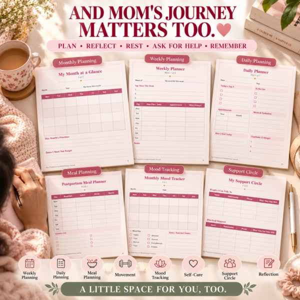 motherhood planner printable with monthly planning, weekly planning, daily planning, meal planning and mood tracking