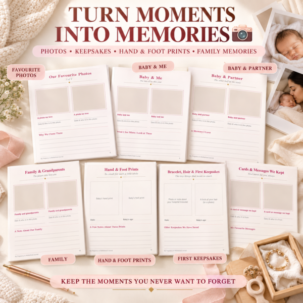 baby memory journal printable with family photos, baby and me, hand and foot prints and keepsake pages